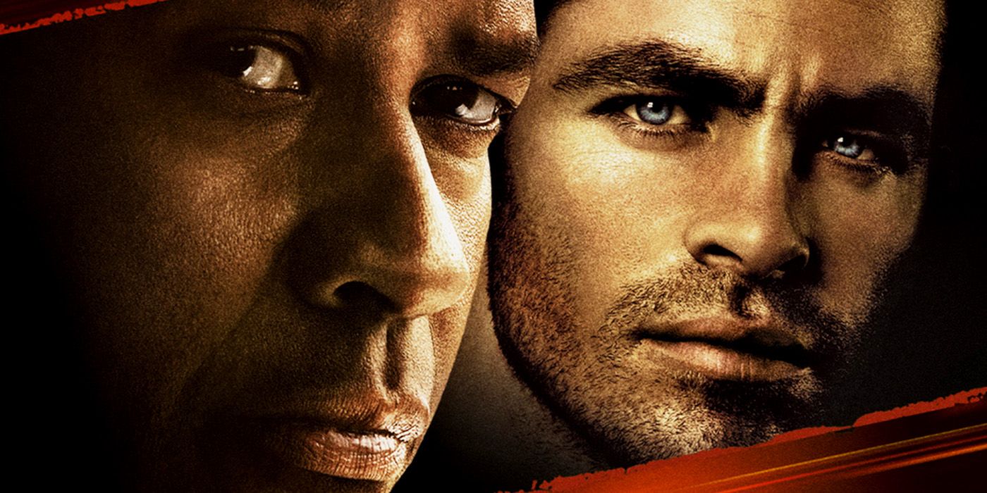 A close-up of Denzel Washington and Chris Pine on the poster for the Tony Scott movie 'Unstoppable' (2010).