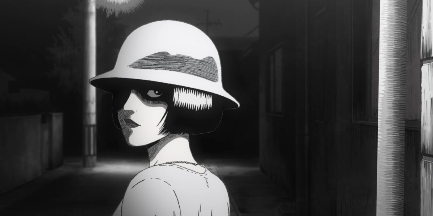 Azami Kurotani hiding her forehead behind a hat in?Uzumaki.