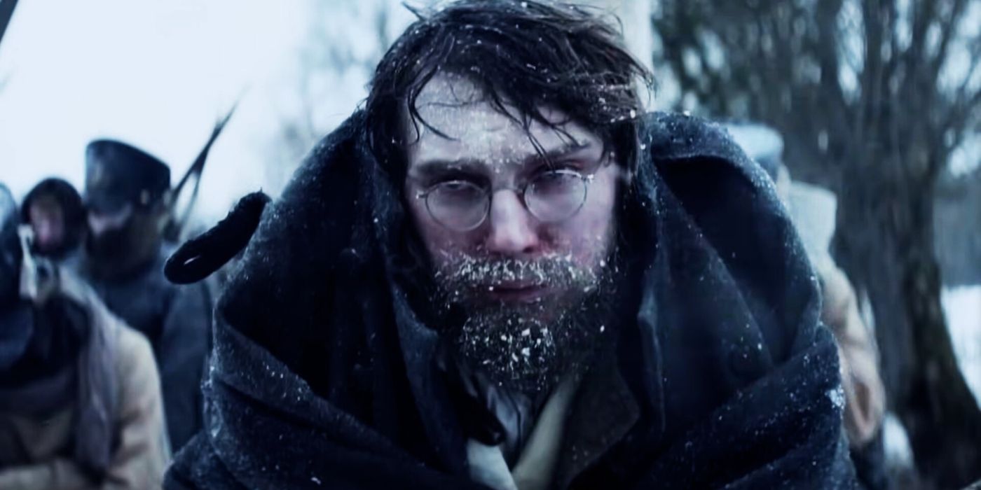 A miserable Paul Dano walking outdoors in Russian winter in &lsquo;War and Peace.'