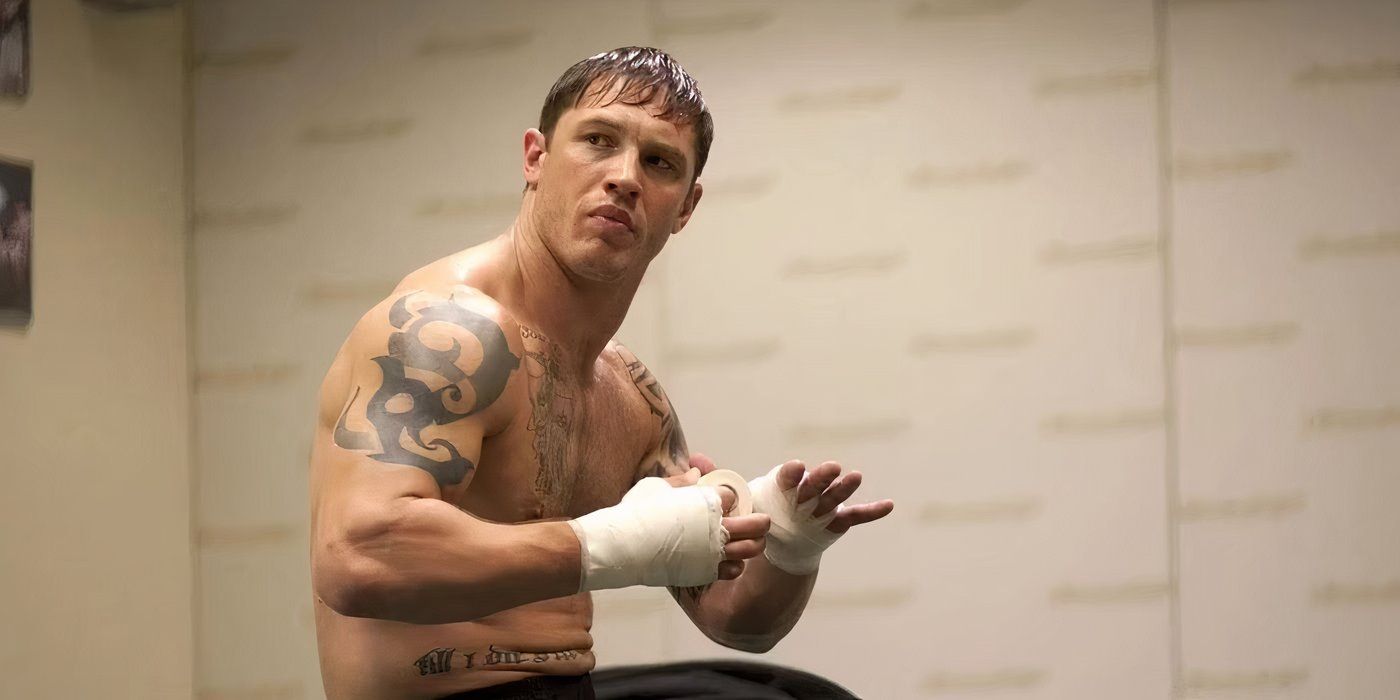 Tom Hardy wraps his hands in hand bandages in “Warrior.”