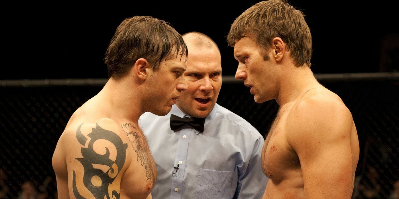 Tom Hardy and Joel Edgerton stare each other down as they stand face to face in a boxing ring in Warrior.