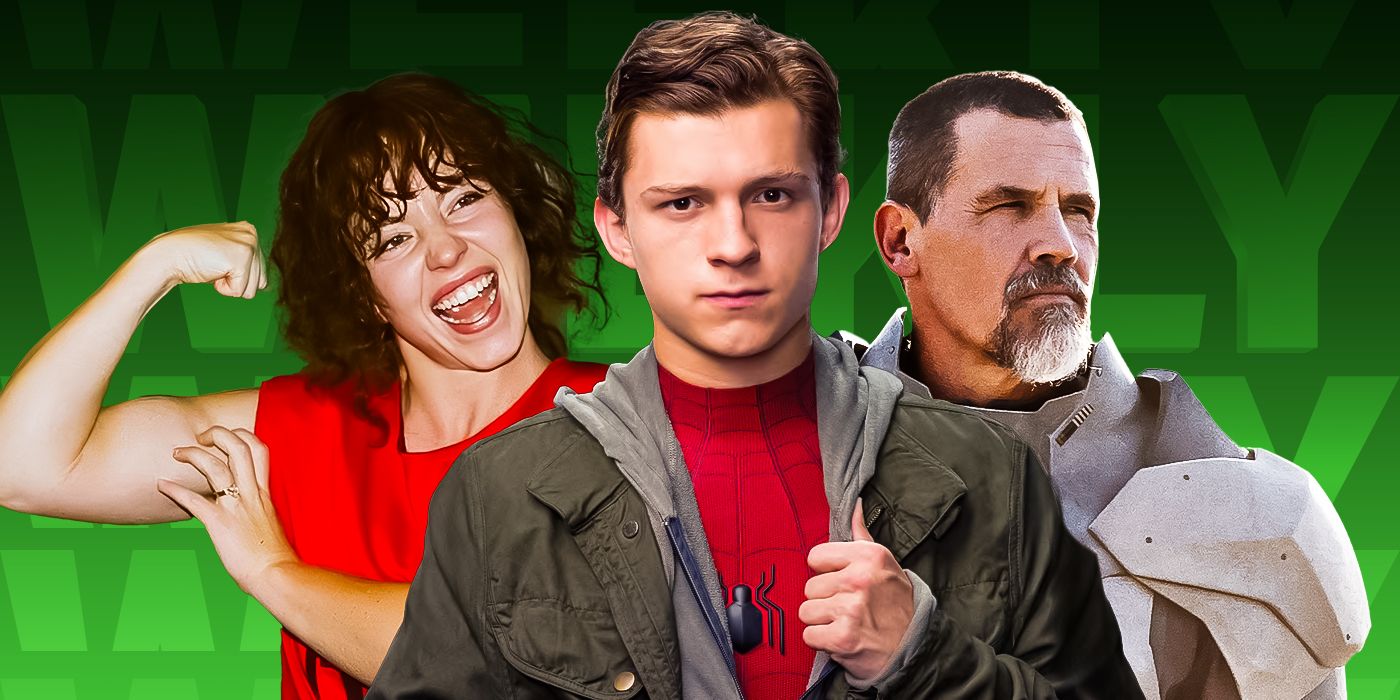 Sydney Sweeney as Christy Martin, Tom Holland as Peter Parker, and Josh Brolin in Dune in front of a green news background.