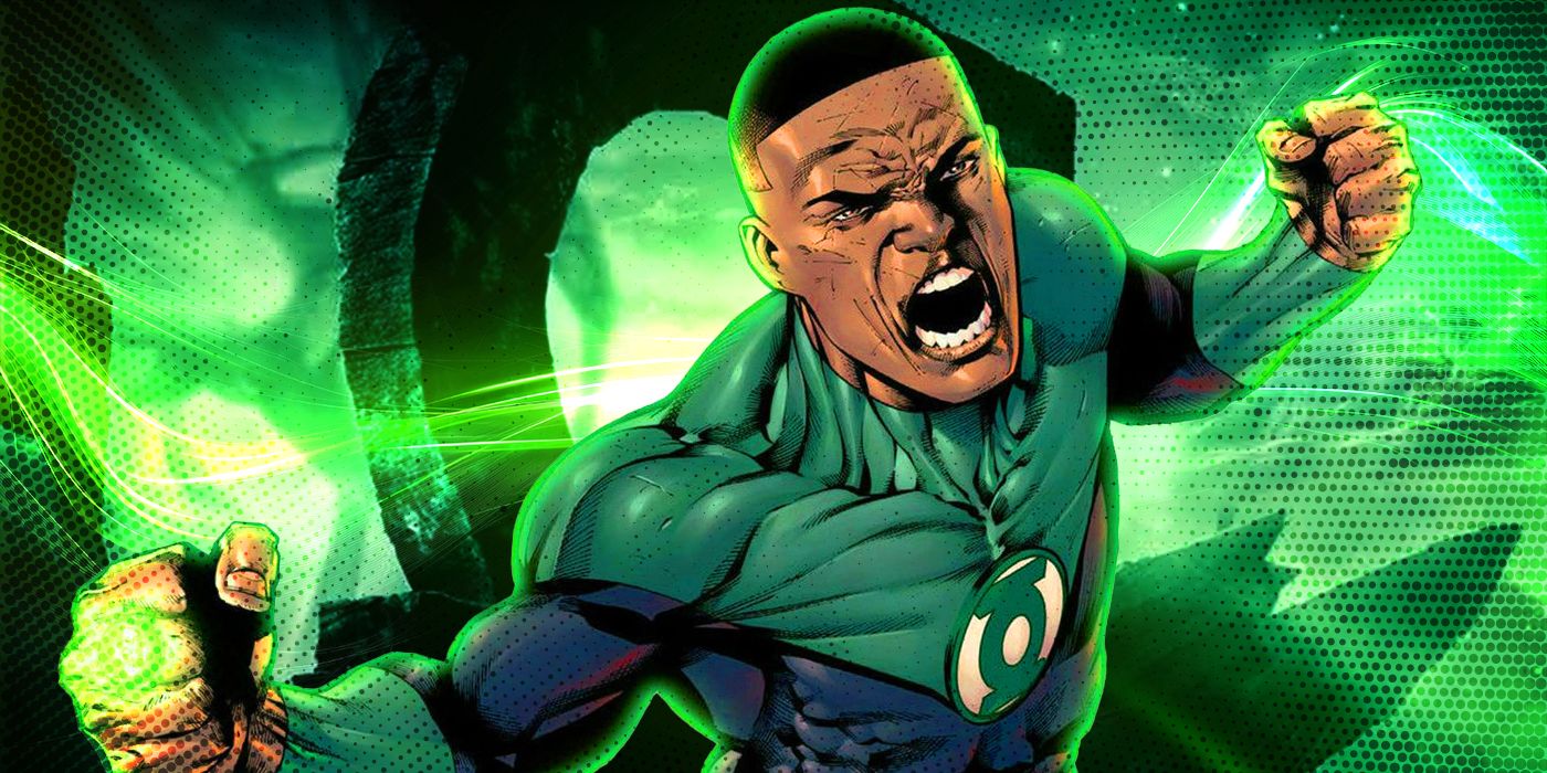 John Stewart de DC Comics gritando con un fondo de Green Lantern Corp.