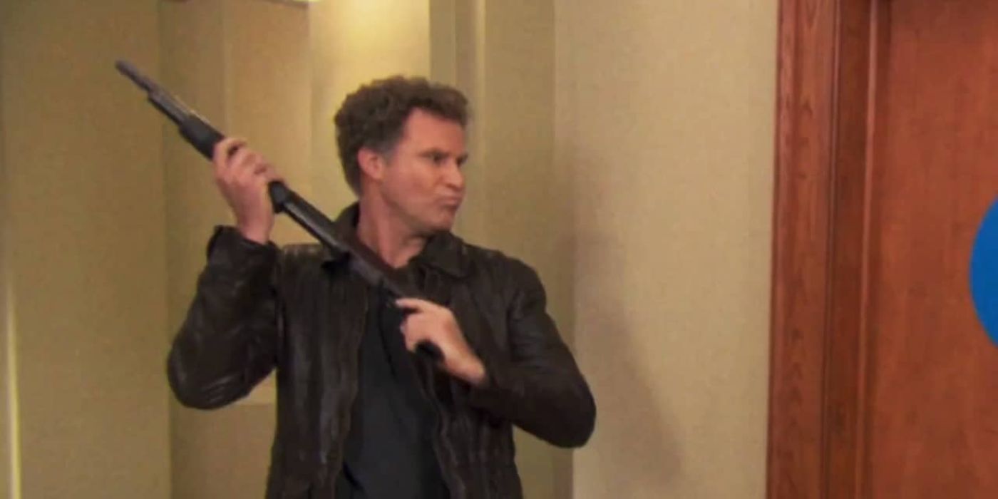 Will Ferrell holds a weapon and stands outside a womens bathroom door on 30 Rock.