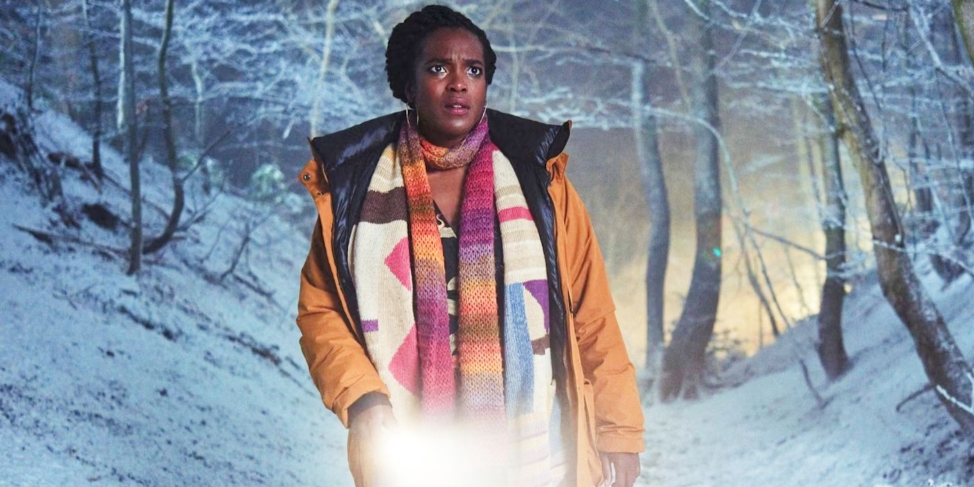 Wunmi Mosaku holding a flashlight in the snowy woods in Passenger