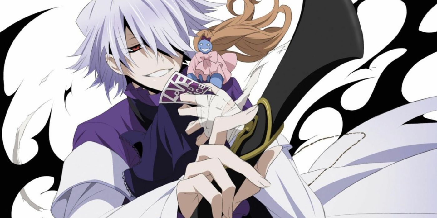 Xerxes Break holding a playing card and his cane, grinning, in Pandora Hearts.