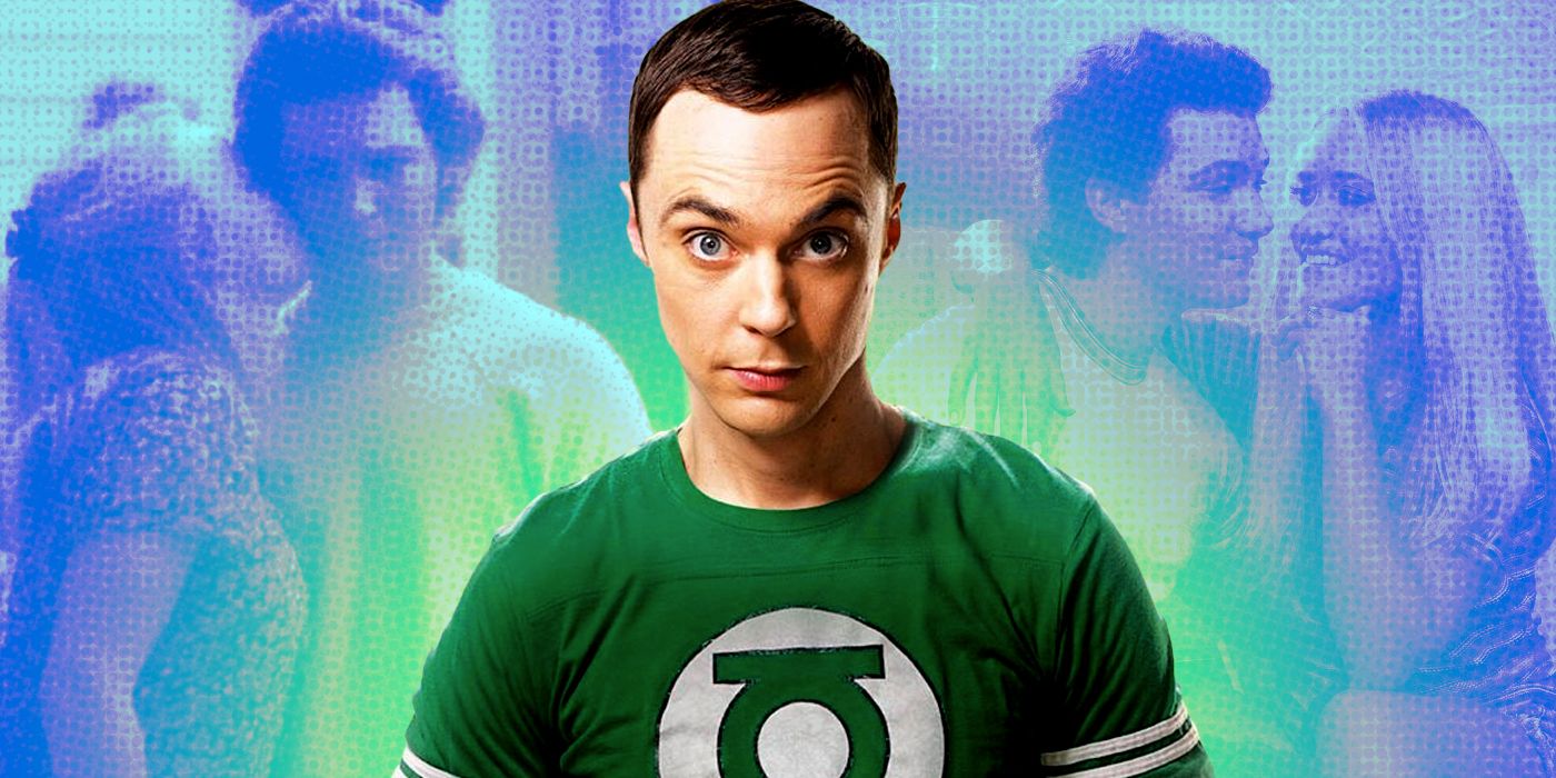 Sheldon Cooper wears a Green Lantern shirt in front of a halftone background with images of Georgie and Mandy