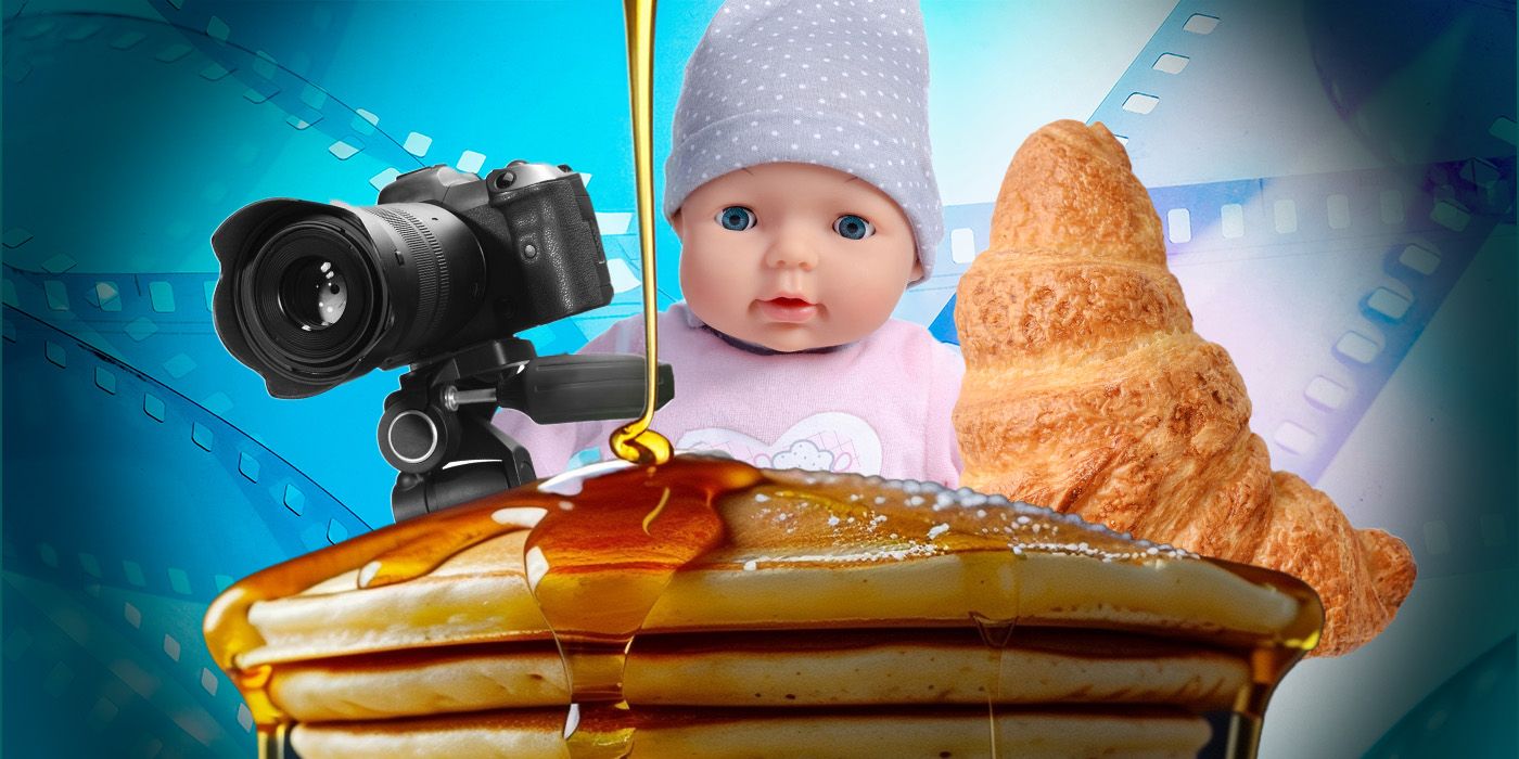 Custom image of a video camera, a baby doll, a croissant, and a stack of pancakes in front of blue film strips