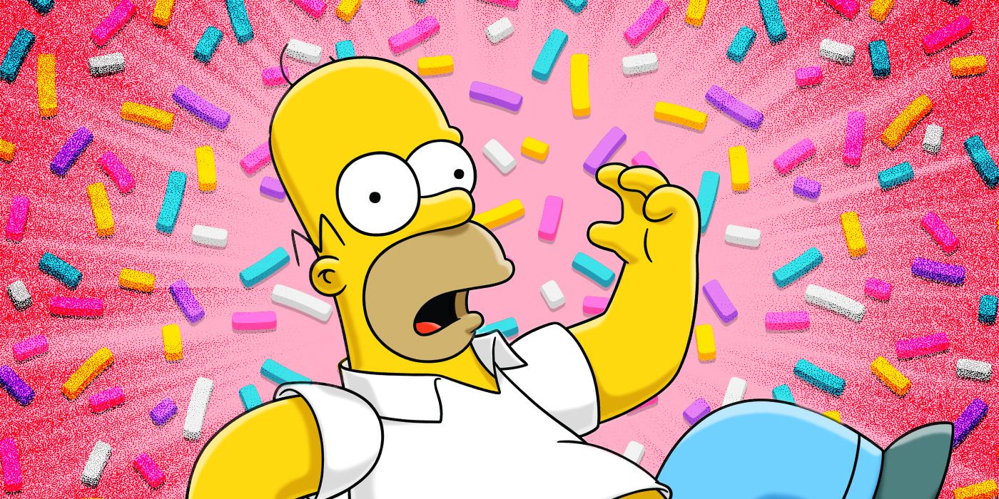 Custom image of Homer Simpson of The Simpsons, looking shocked in front of a pink background covered in sprinkles