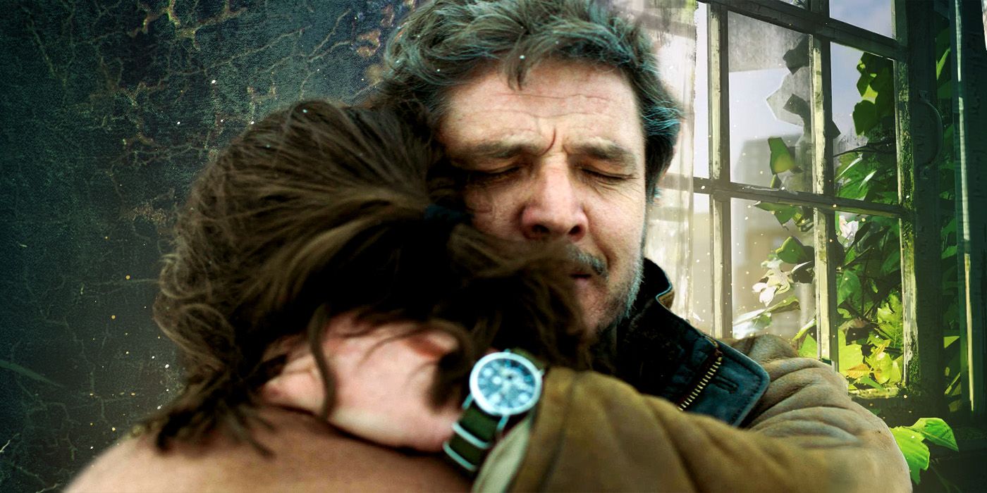 Custom image of Joel (Pedro Pascal) hugging Ellie (Bella Ramsey) in front of a window in The Last of Us