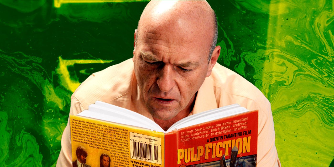 Custom image of Dean Norris as Hank in Breaking Bad, sitting and reading a book with the Pulp Fiction poster on it