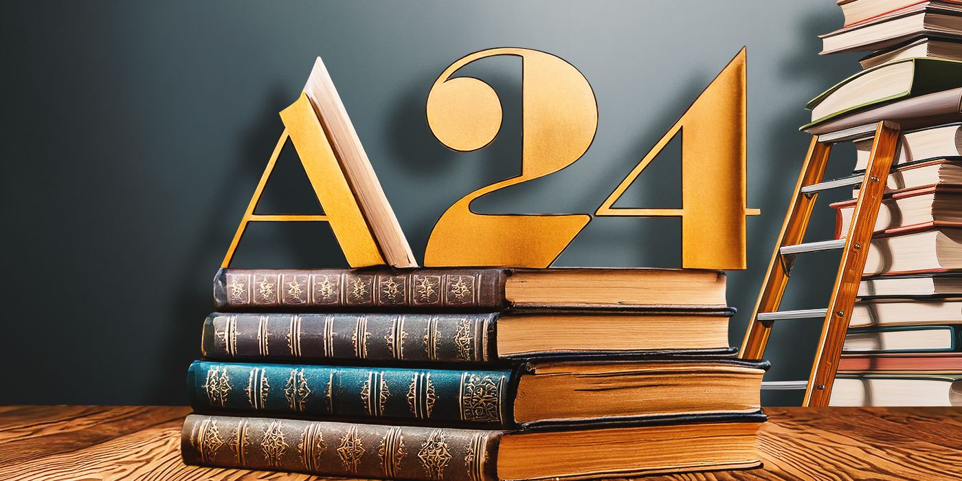 Blended image showing a pile of books and the A24 logo