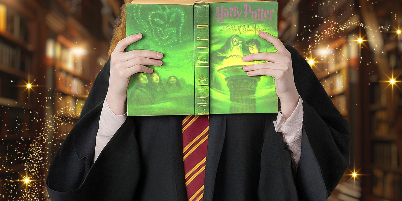 Blended image showing a Hogwarts student holding a Harry Potter book.