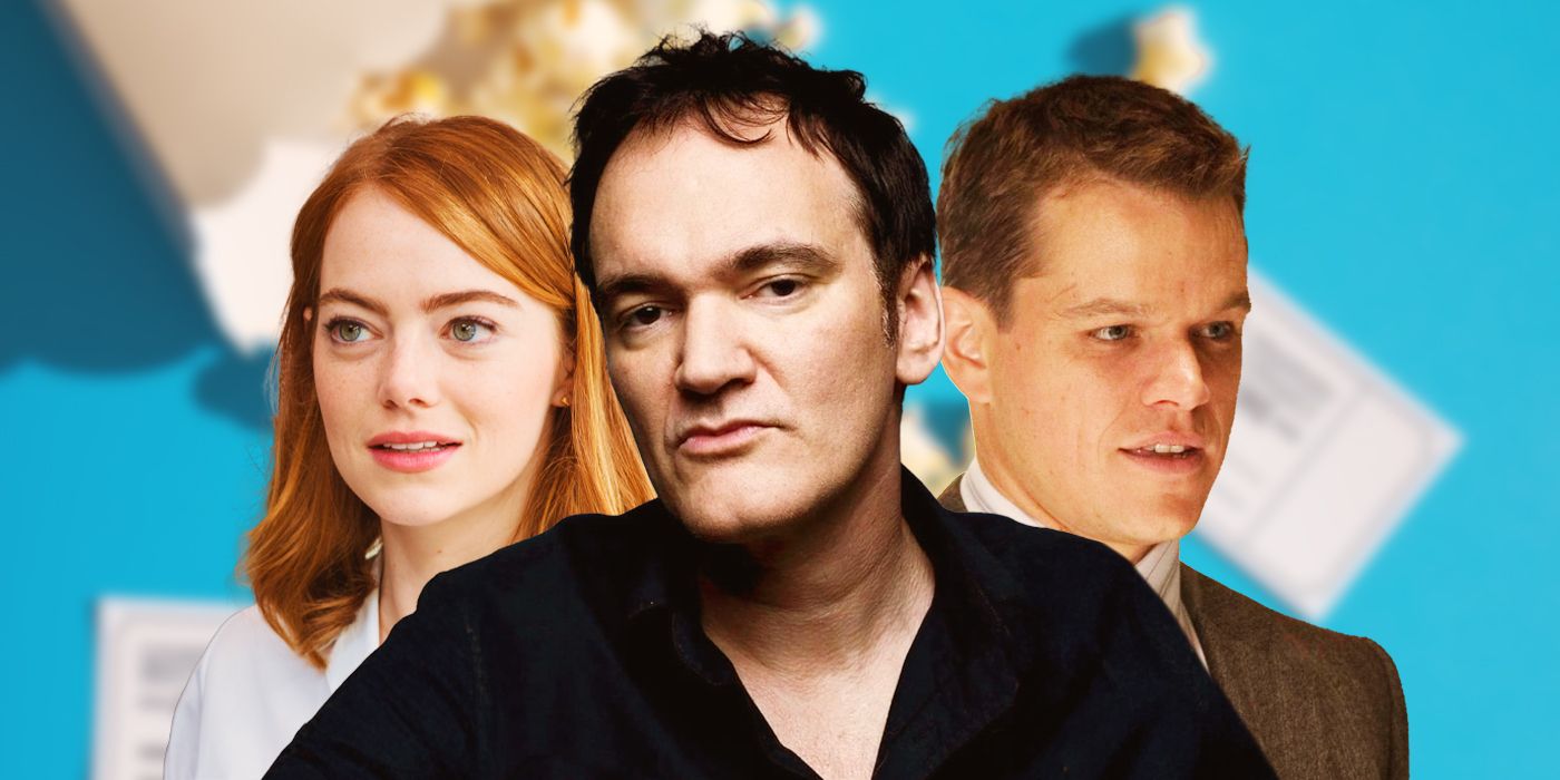 Blended image showing Emma Stone, Quentin Tarantino, and Matt Damon