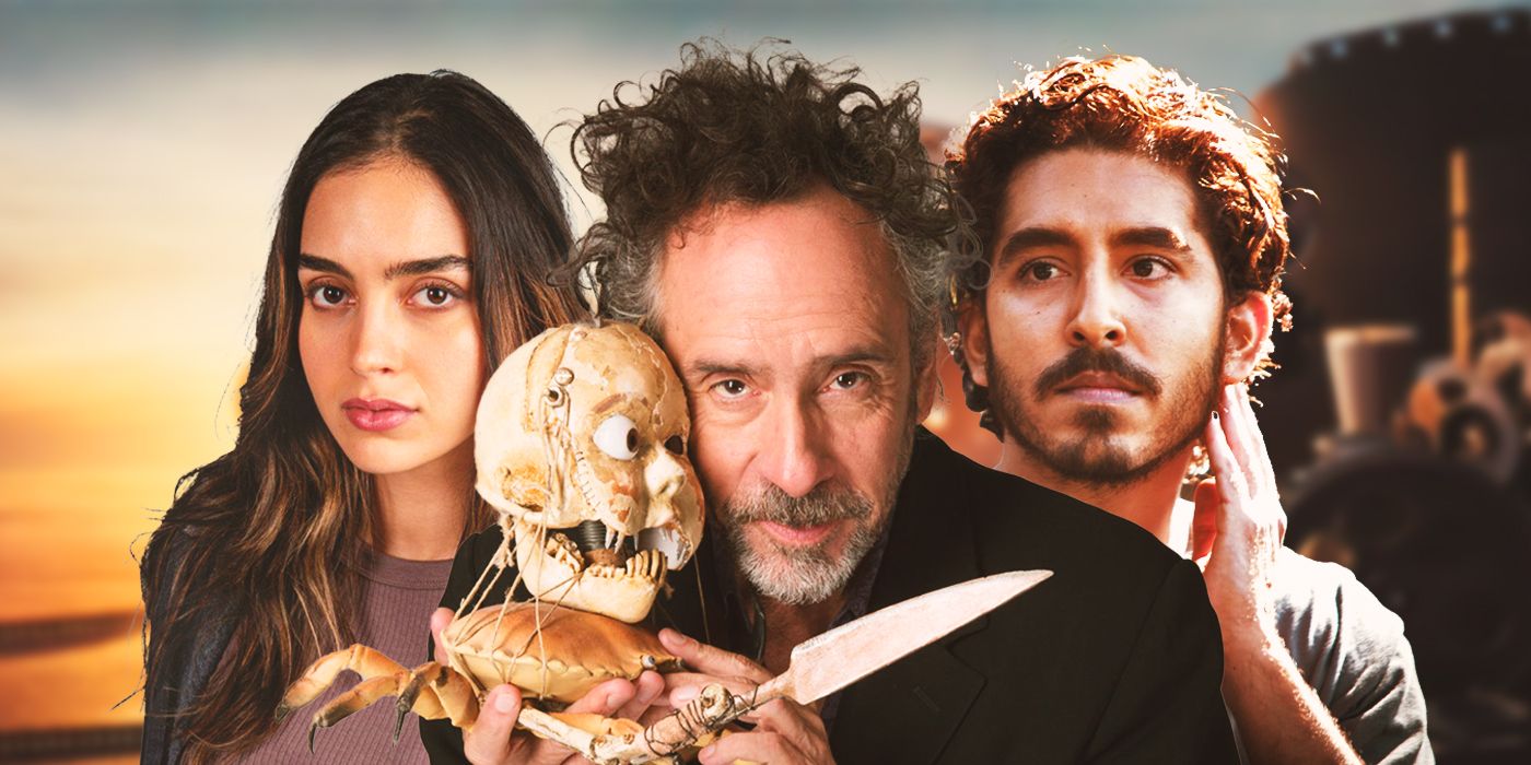 Blended image showing Melissa Barrera, Tim Burton, and Dev Patel