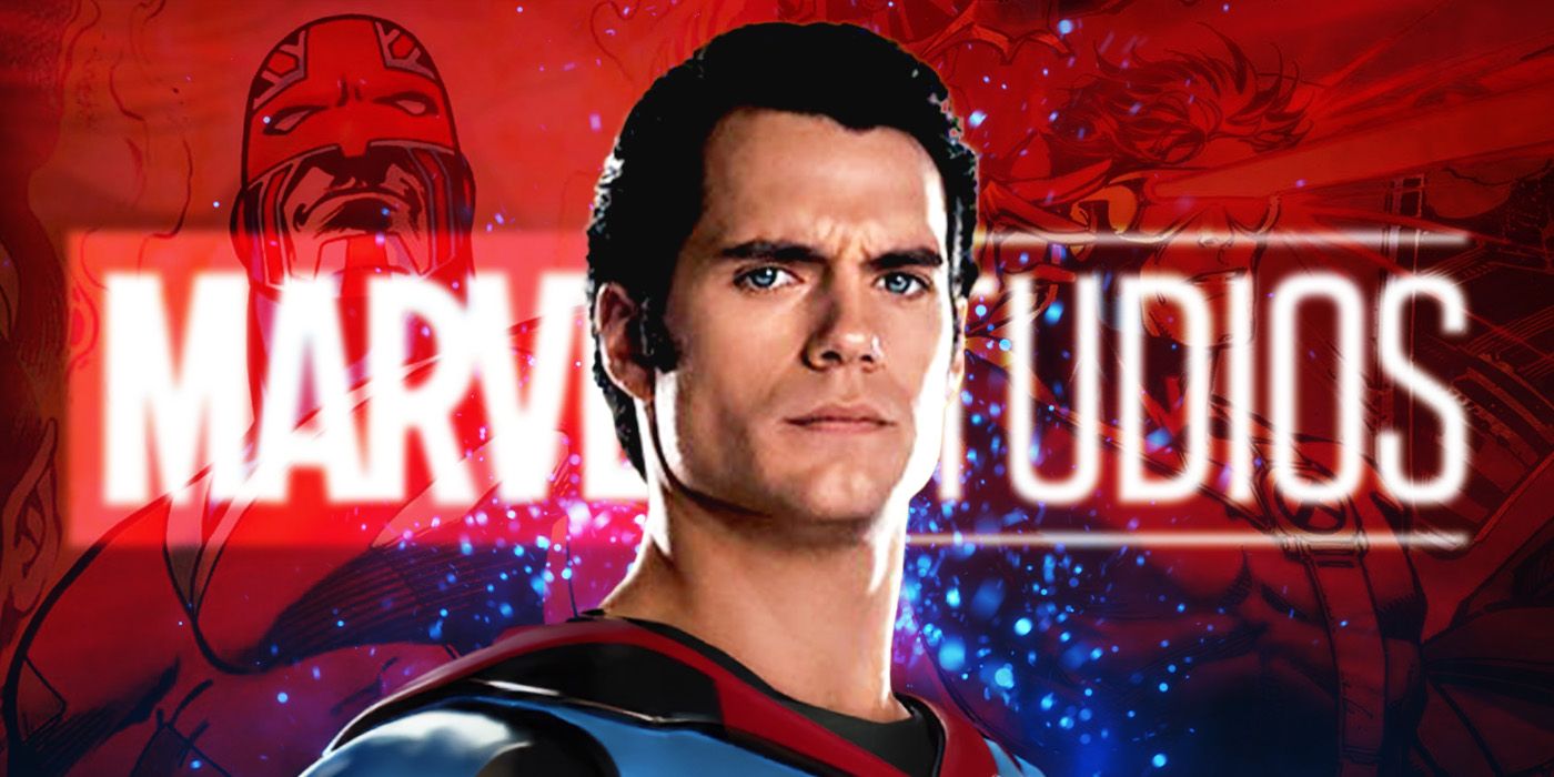 Blended image showing Henry Cavill with the Marvel logo in the background.