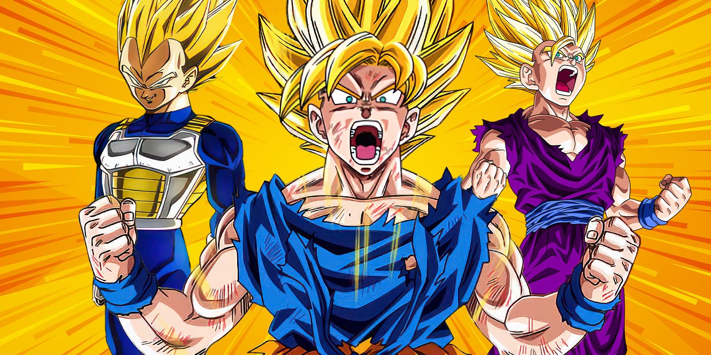 Blended imahe showing Vegeta, Goku, and Gohan in Super Saiyan form.