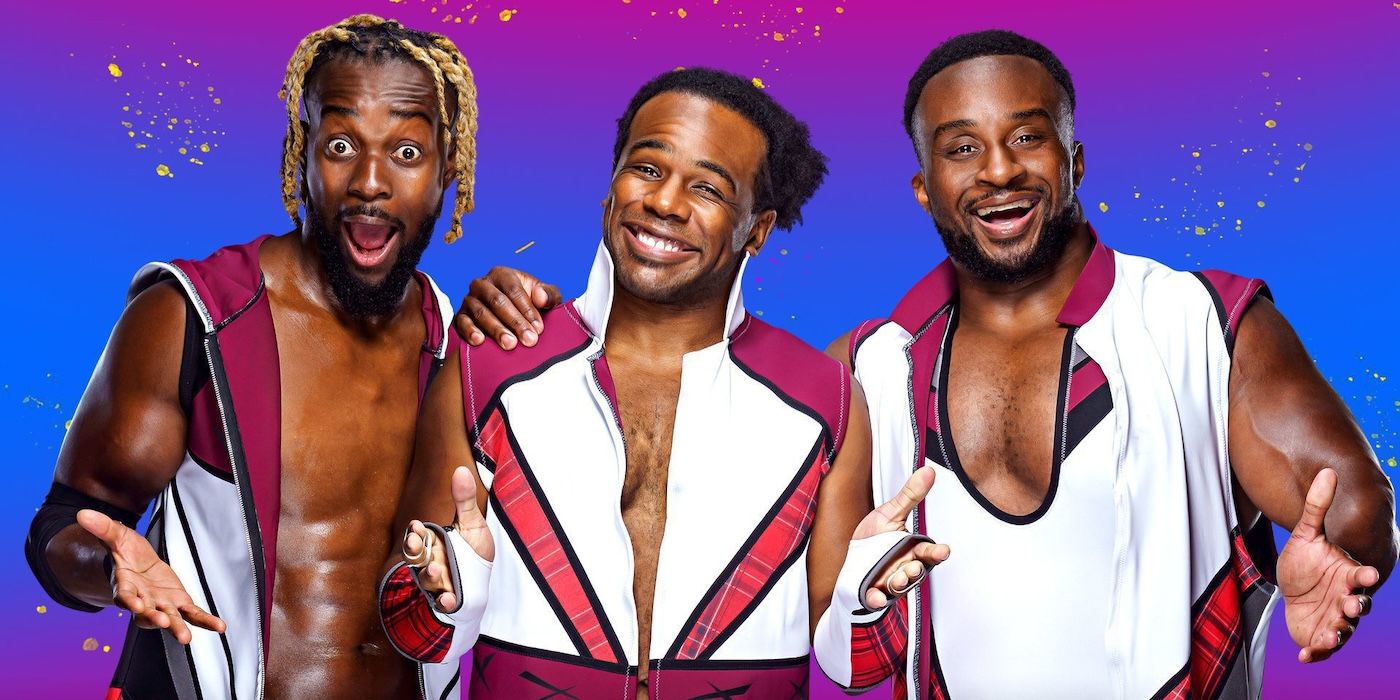 An image of WWE's New Day, featuring Kofi Kingston, Xavier Woods and Big E