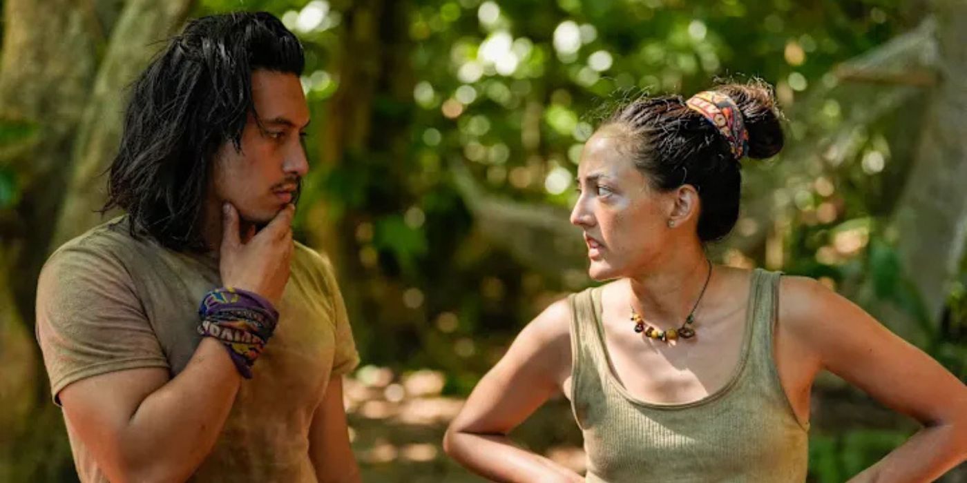 Andy Rueda and Rachel LaMont talk in the jungle in Survivor 47
