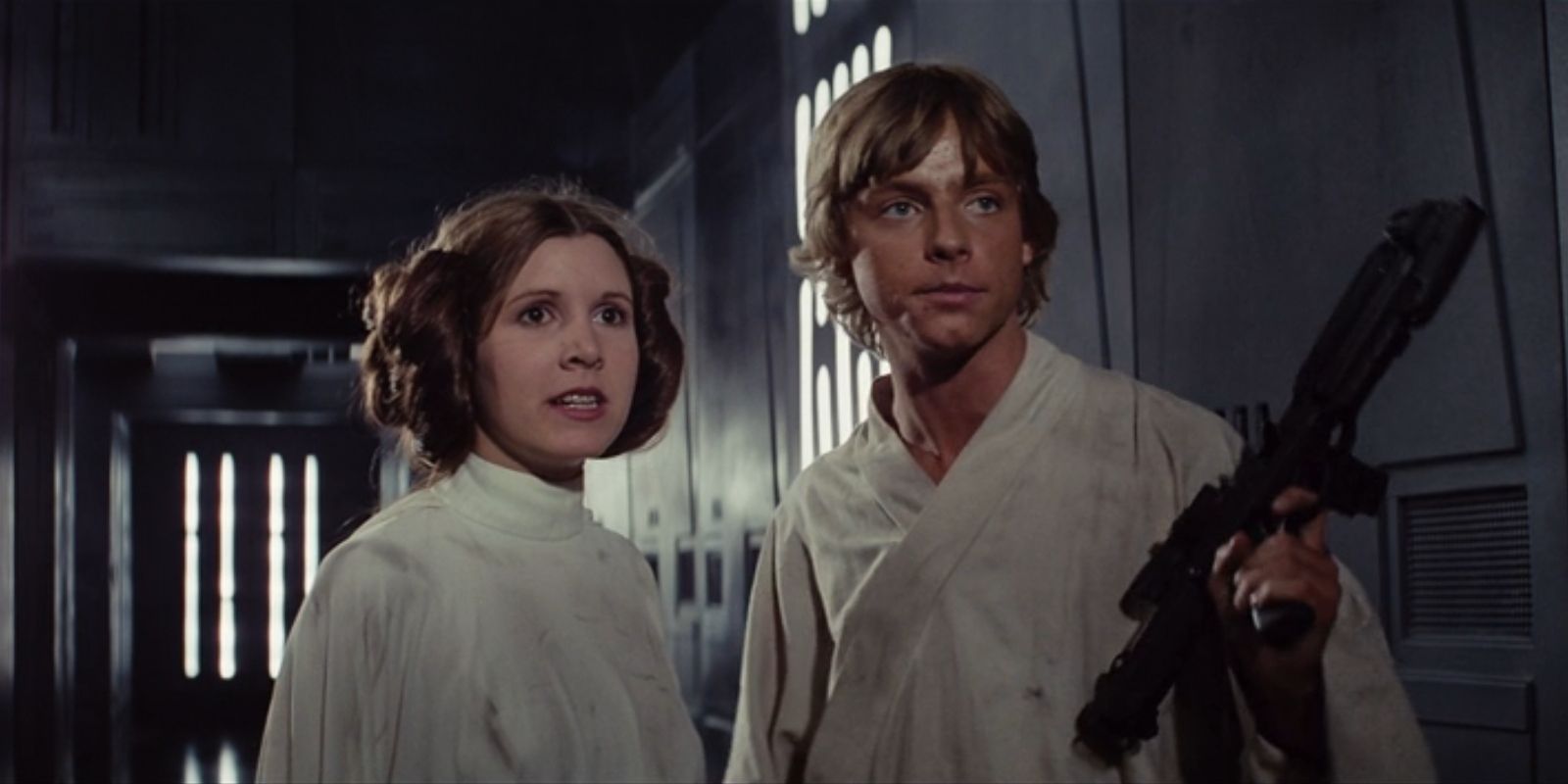 Luke and Leia stand in a Death Star corridor in 'Star Wars: Episode IV – A New Hope'.