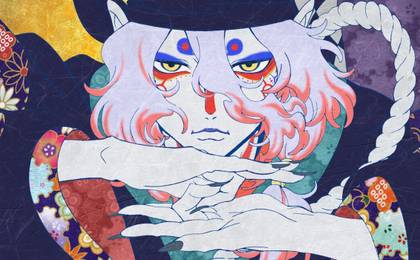 A character looking directly at the viewer in Mononoke The Movie: The Phantom in the Rain