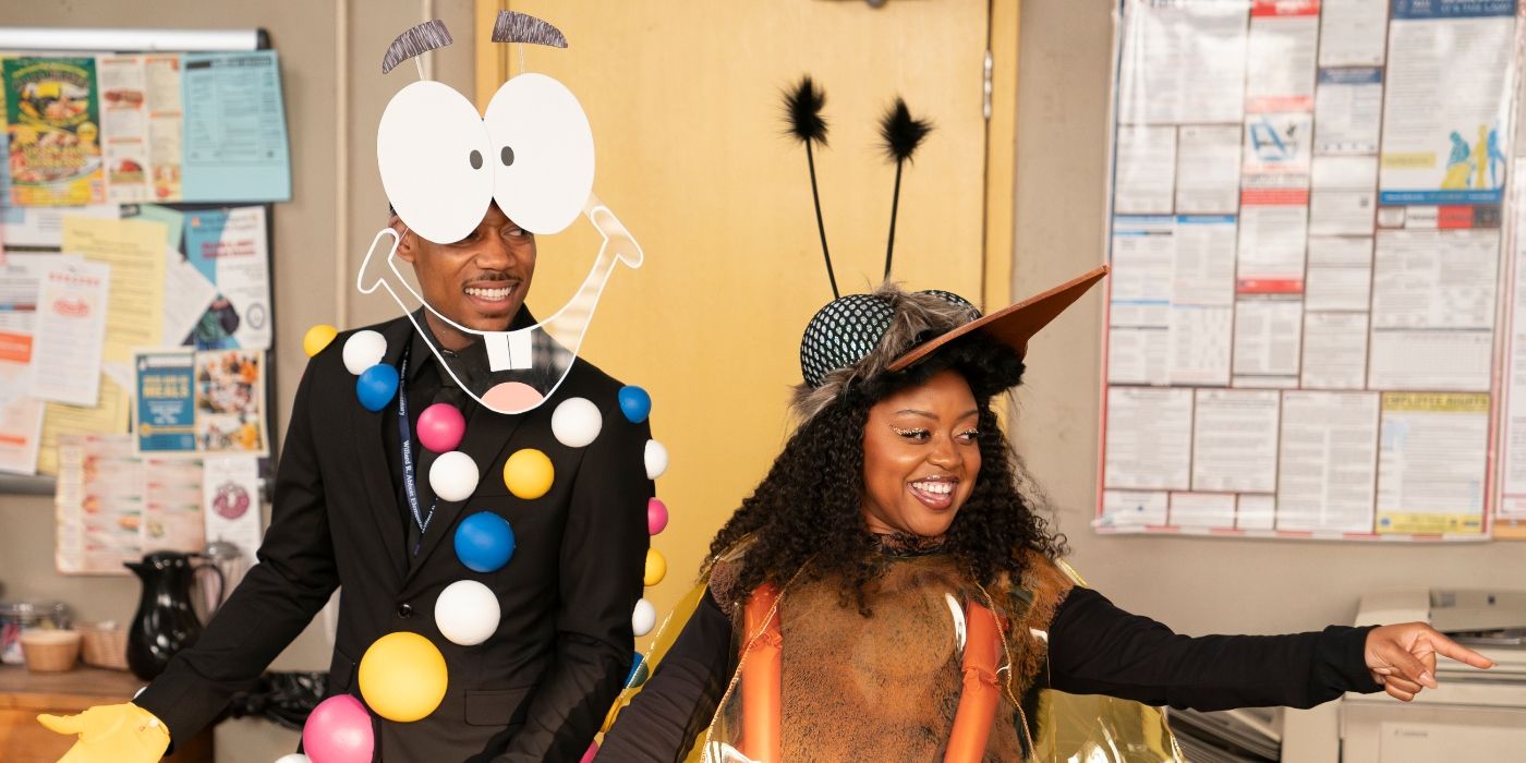 Tyler James Williams and Quinta Brunson dressed as Mr. DNA and the mosquito in amber from Jurassic Park