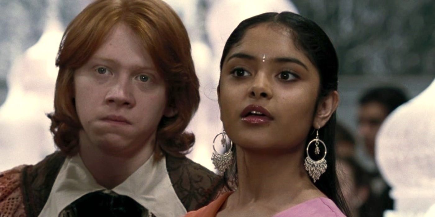 Afshan Azad as Padma Patil with Rupert Grint as Ron at the Yule Ball in Harry Potter and the Goblet of Fire.