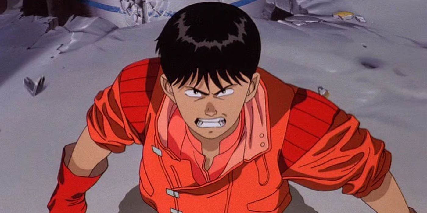 A character in a red jacket stares at the camera with an angry expression in Akira.