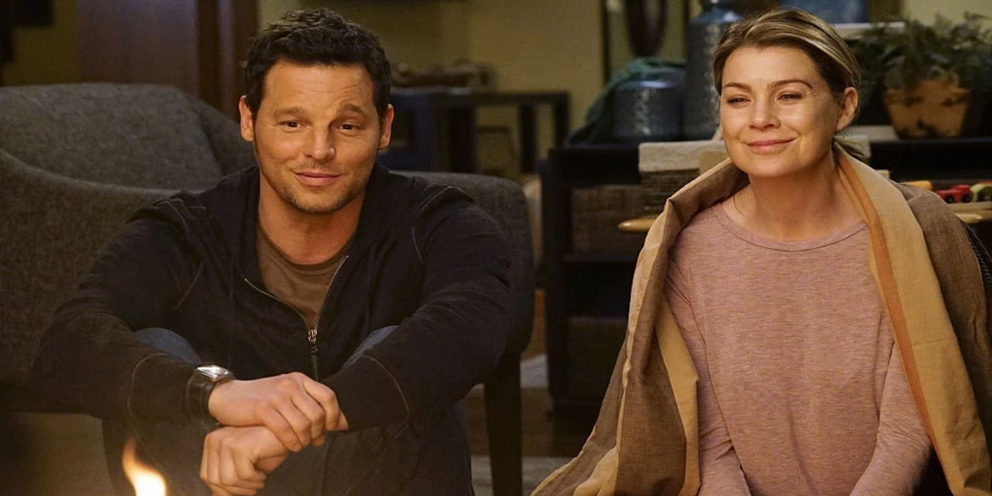 Alex Karev (Justin Chambers) and Meredith Grey (Ellen Pompeo) sitting by the fire in Grey's Anatomy