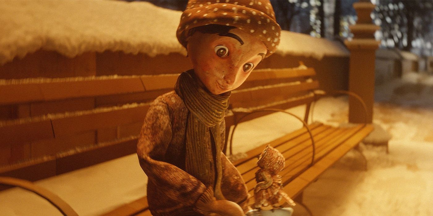 An animated little girl in a hat and coat sits on a bench smiling at a baby owl on her lap