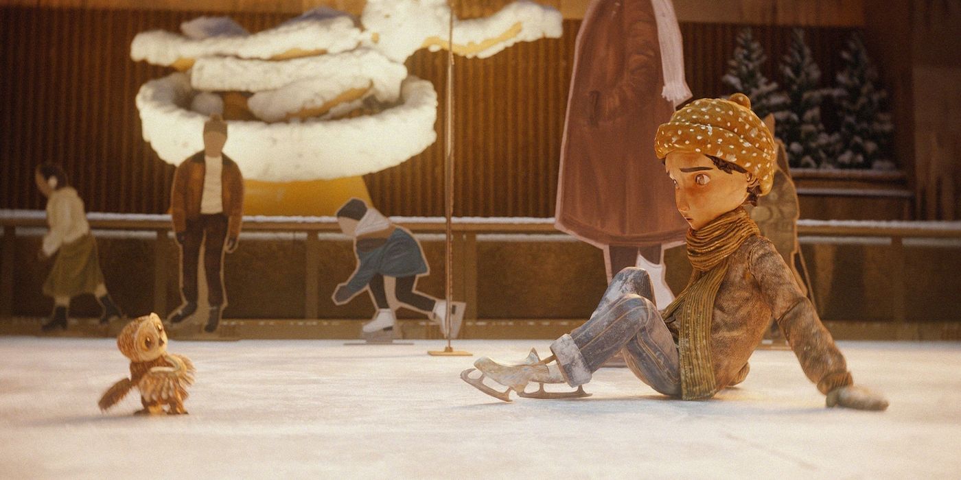 An animated little girl falls on an ice-skating rink and sees a baby owl 