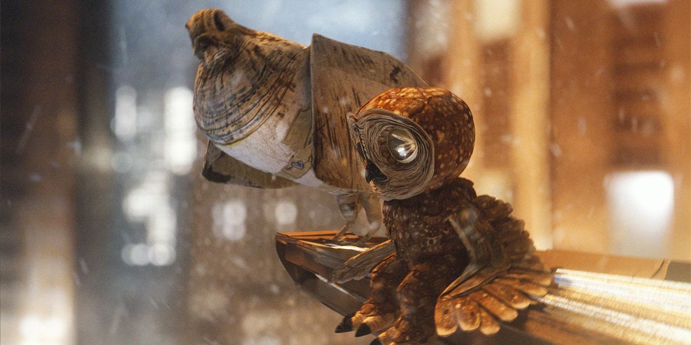 A sad animated baby owl and a pigeon sit on the edge of a tall NYC building in the snow
