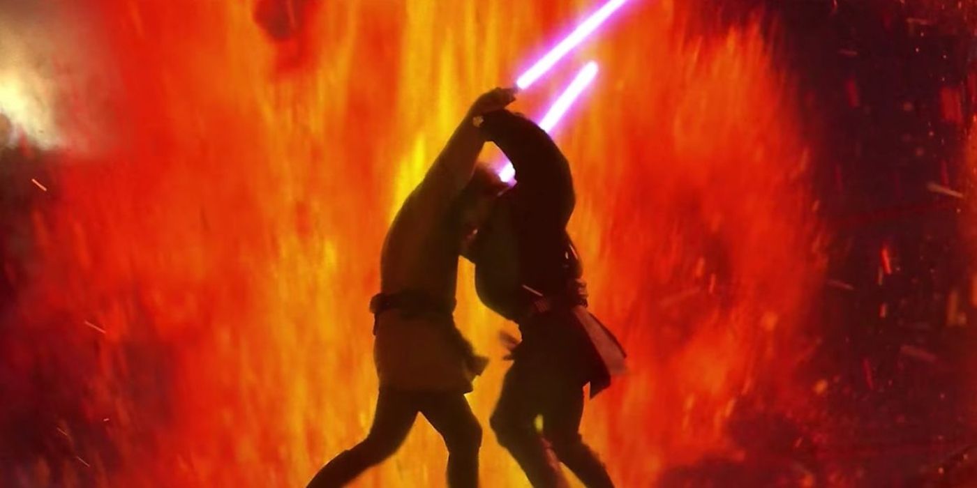 Anakin (Hayden Christensen) & Obi-Wan (Ewan McGregor) fight amid flames and lava in Revenge of the Sith.