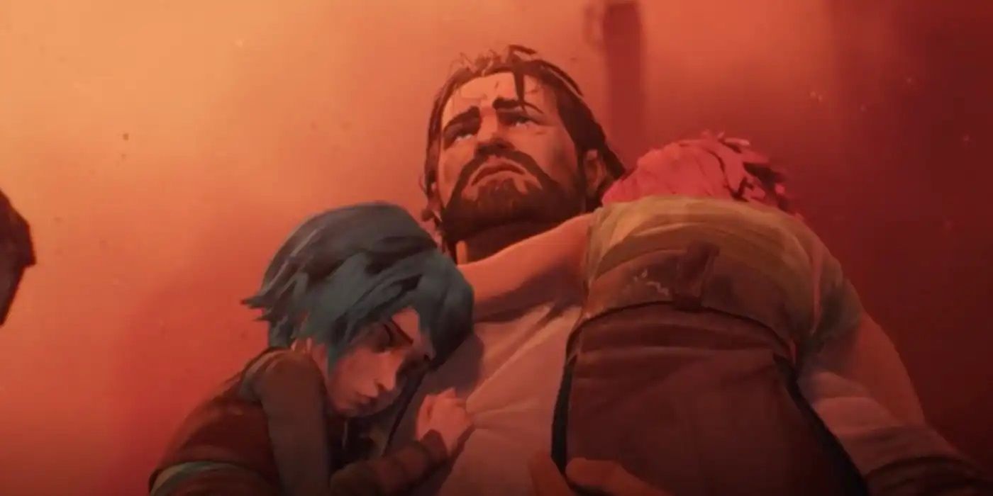 Vander holds a young Vi and Powder to his chest