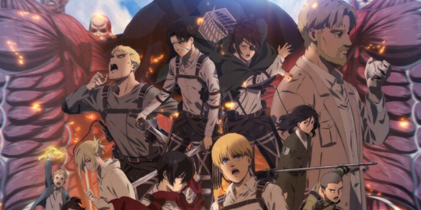 Major characters from Attack on Titan looking in different directions.