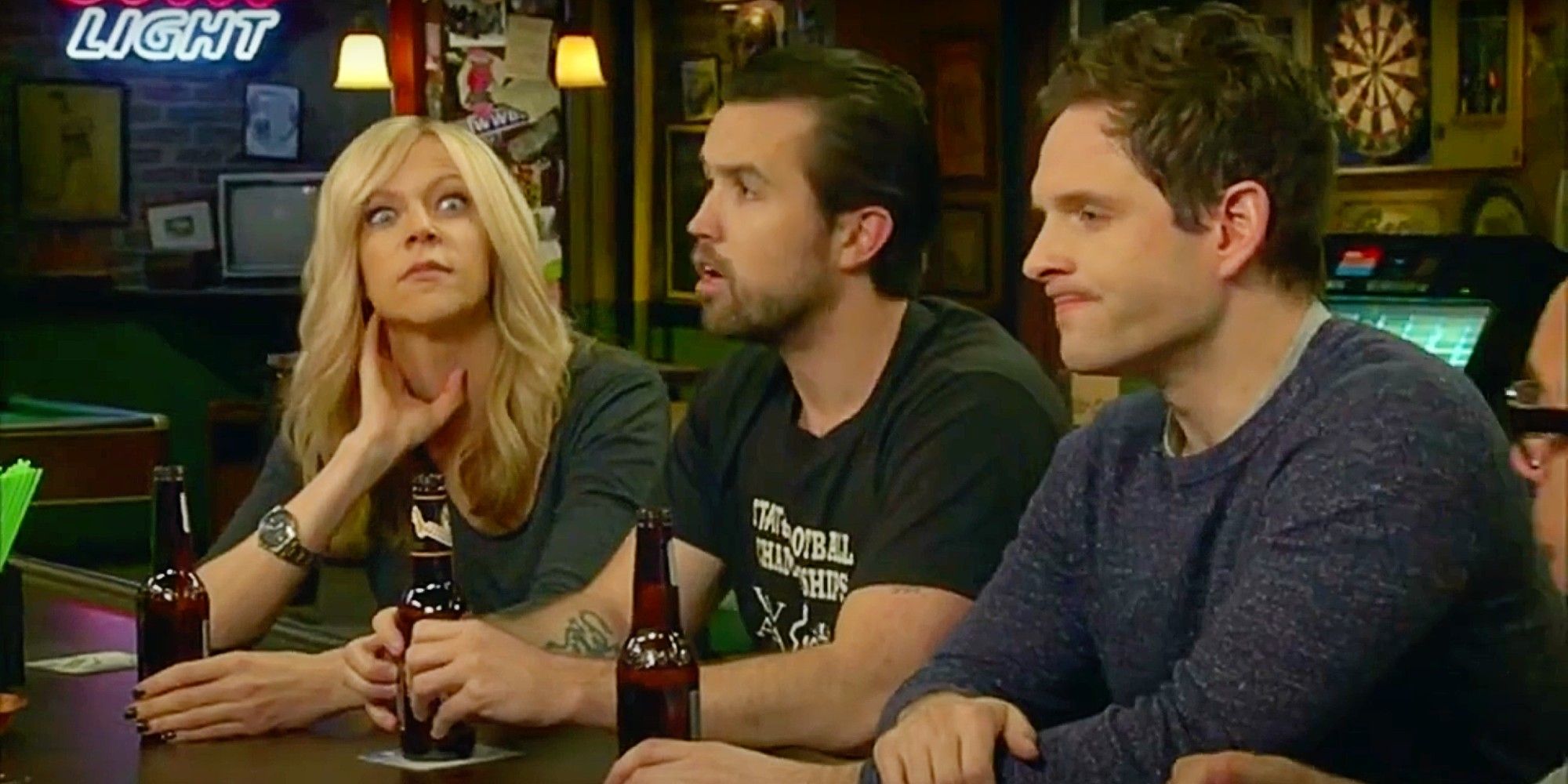 Dee, Mac, and Dennis sitting at the bar in It&rsquo;s Always Sunny in Philadelphia Season 9