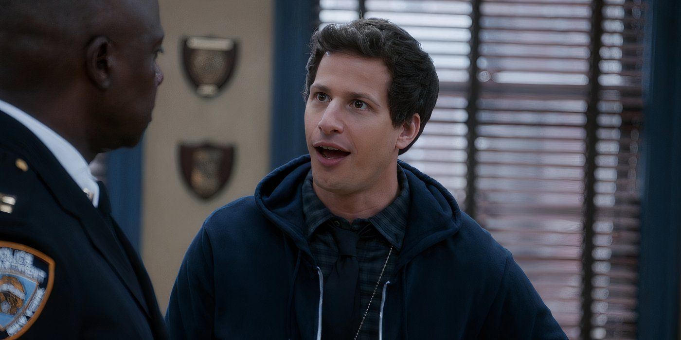 Andy Samberg as Jake Peralta stares at Andre Braugher as Captain Holt, mouth agape, in Brooklyn Nine-Nine.