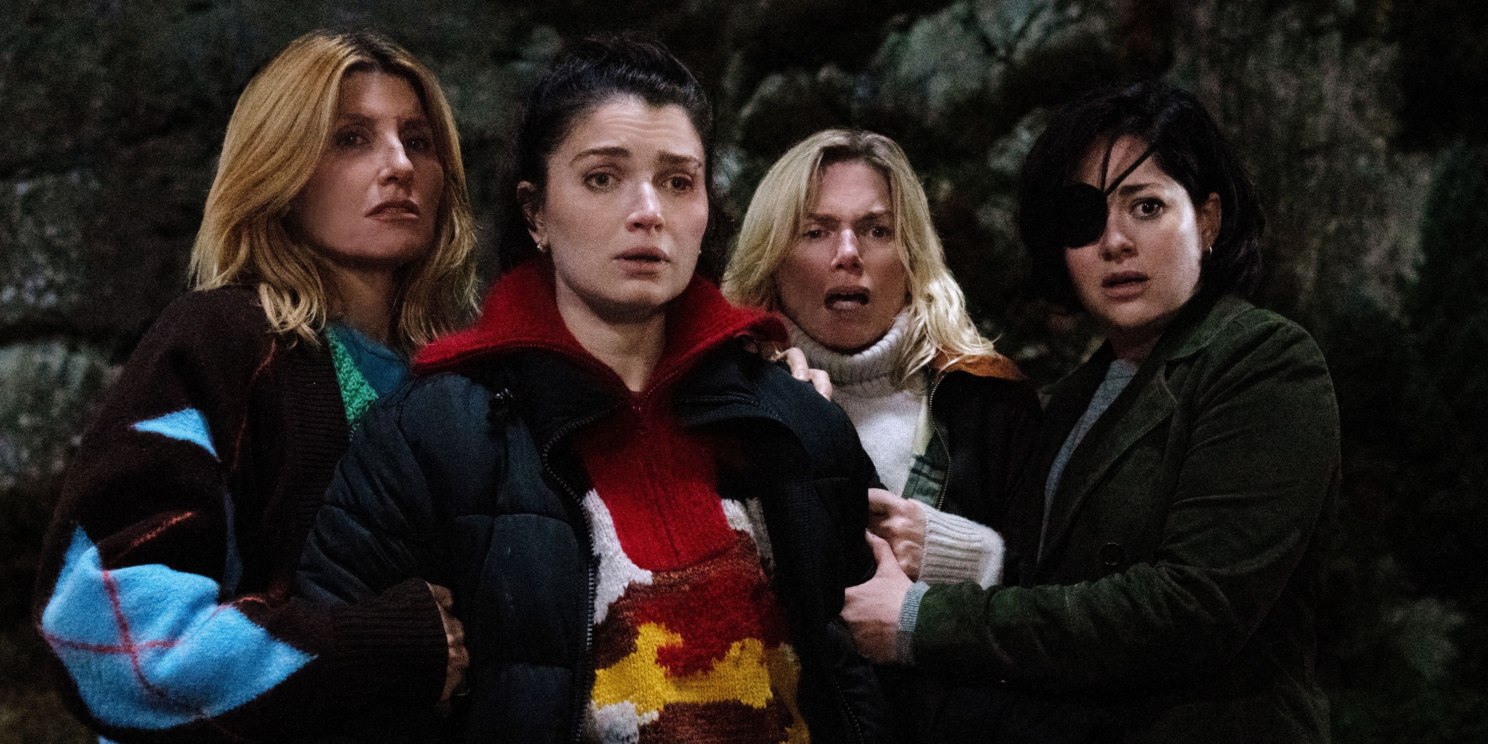 Sharon Horgan as Eva with Eve Hewson, Sarah Greene and Eva Birthistle looking scared in Bad Sisters