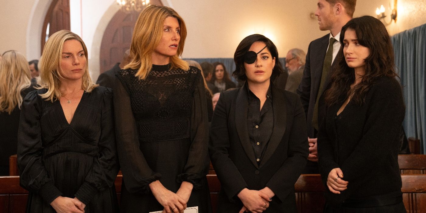 Eva Birthisle, Sharon Horgan, Sarah Greene and Eve Hewson dressed in black at the funeral