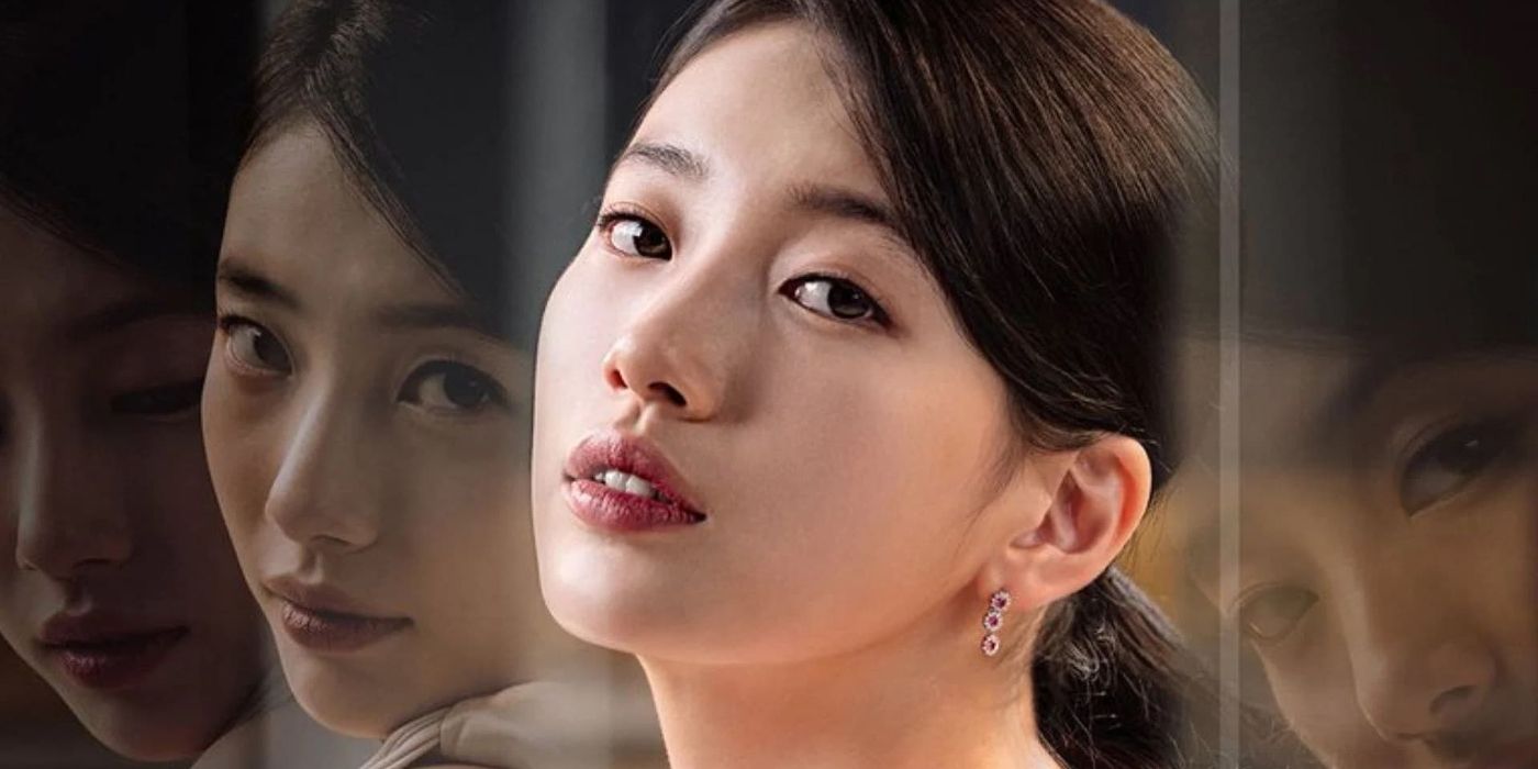 A close-up of Bae Suzy on the cover for her miniseries 'Anna,' accompanied by several of her other portraits in different poses, in the shadows behind the central portrait