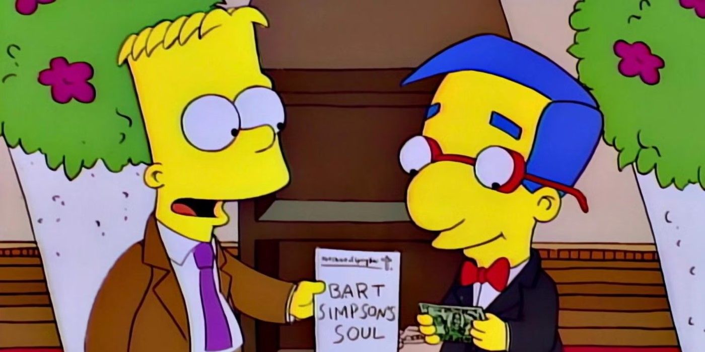 Bart (Nancy Cartwright) sells Milhouse (Pamela Hayden) his soul in The Simpsons.