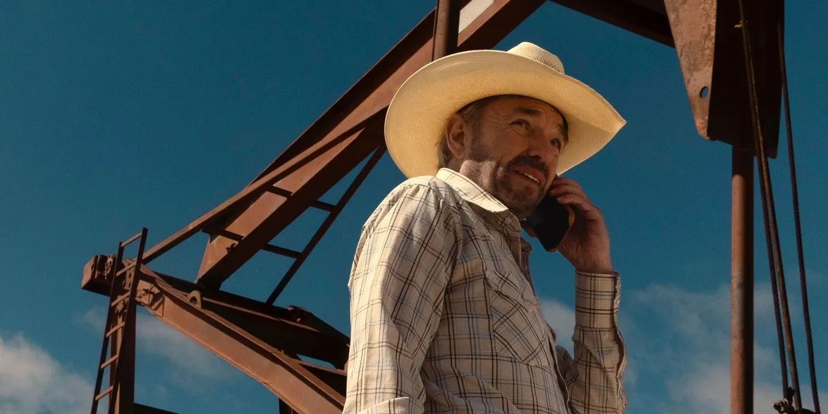 Billy Bob Thornton as Tommy Norris on the phone in the oil field on 'Landman'