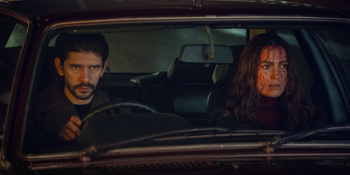 Ben Whishaw sitting in the car next to a bloodied Keira Knightley in 'Black Doves'