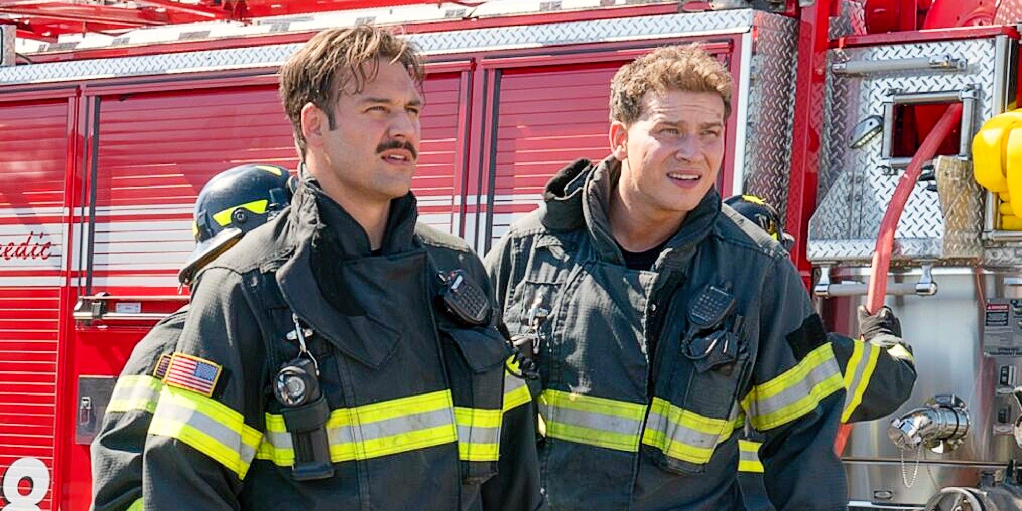 Buck and Eddie in front of a firetruck in 9-1-1 Season 8