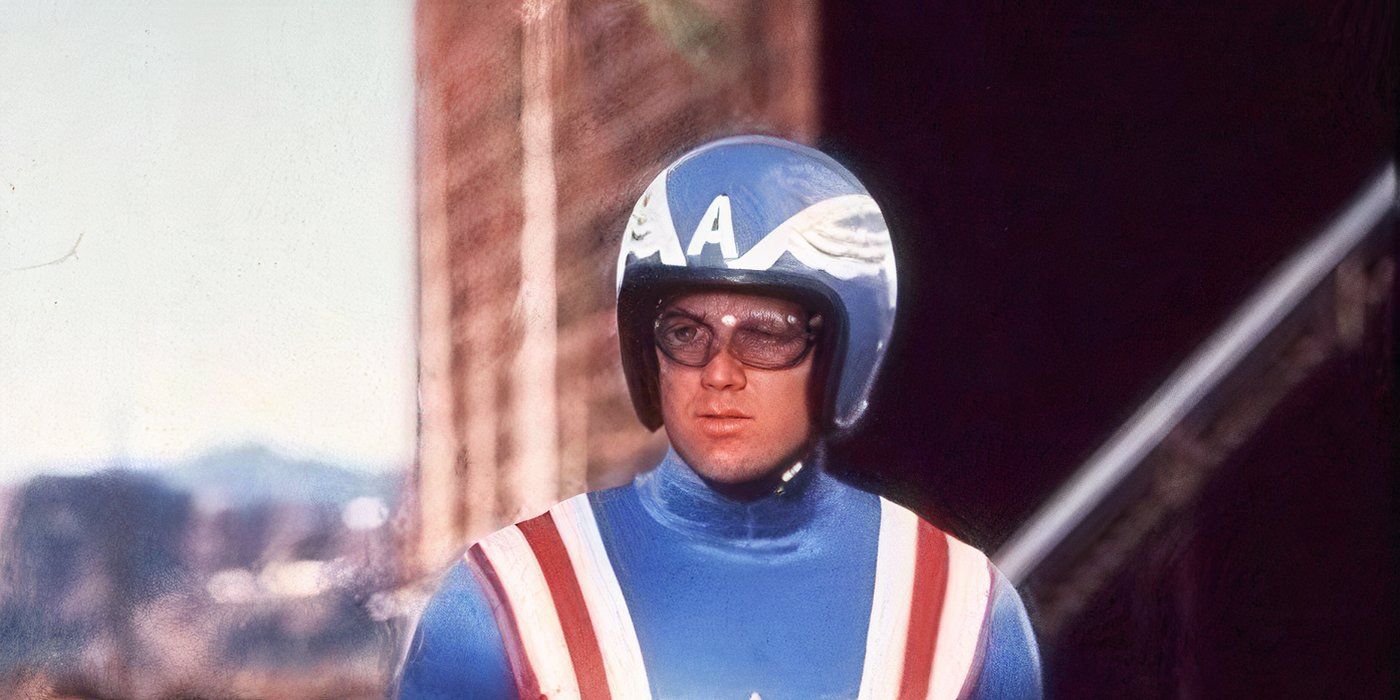 Reb Brown as Captain America wears a helmet and looks sullen in Captain America, 1979.