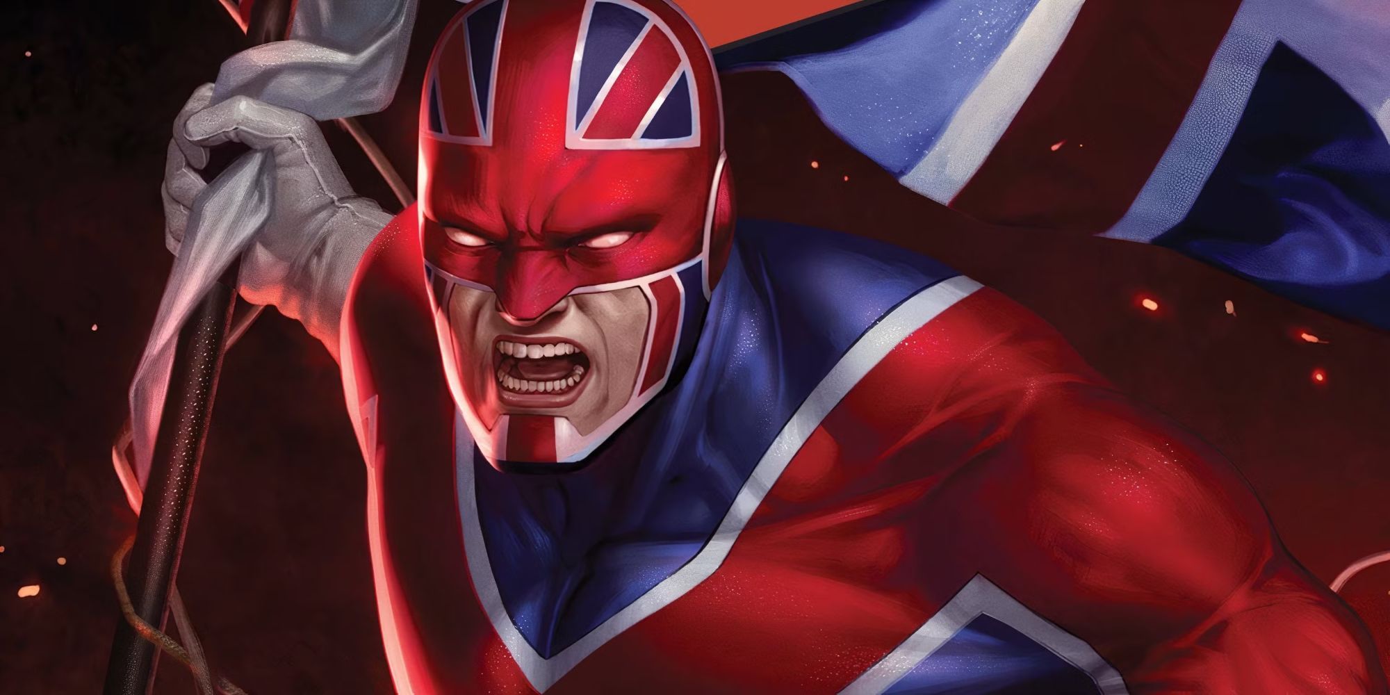 Captain Britain holds the British flag and yells. 