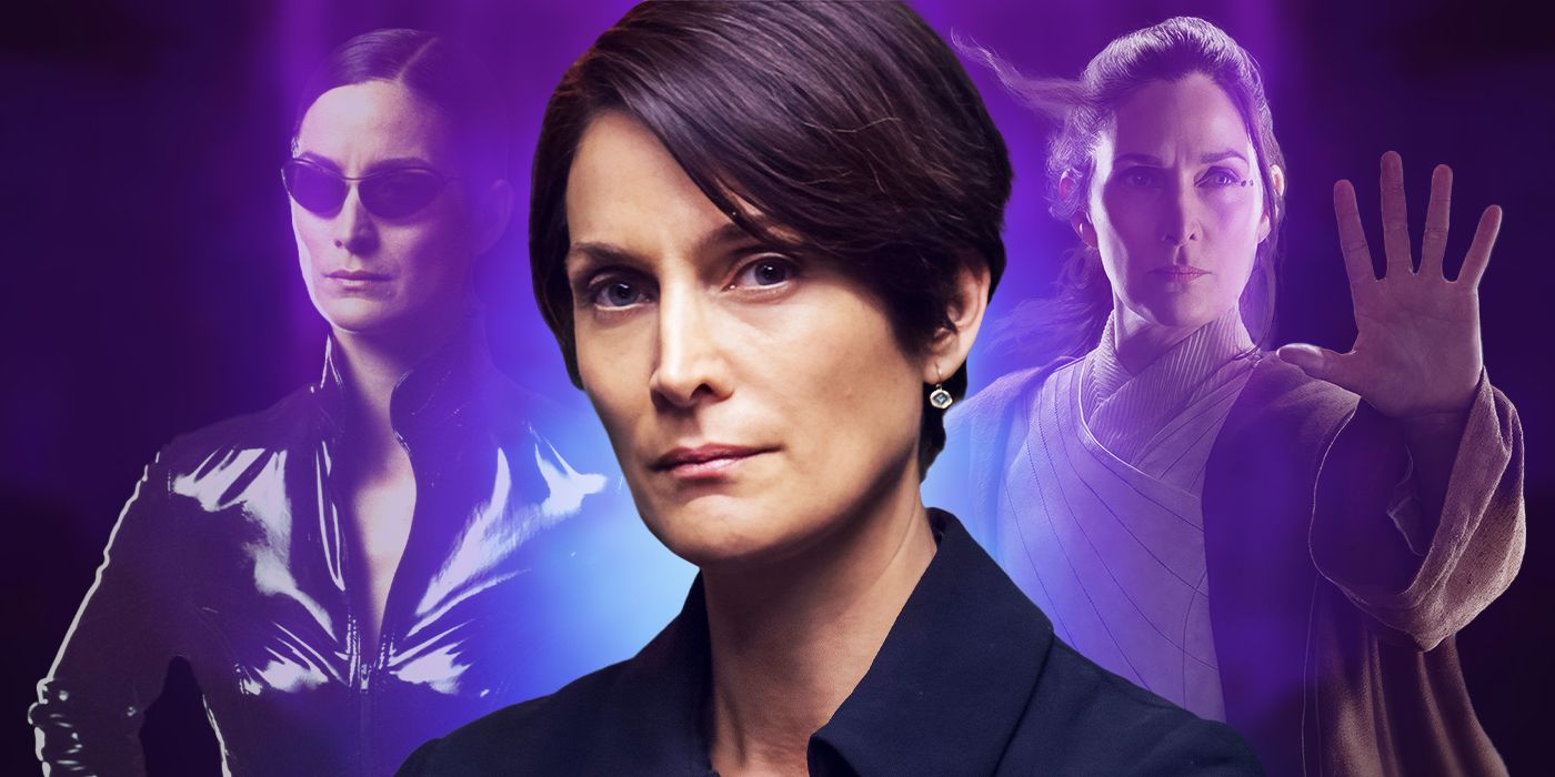 Carrie-Anne Moss with her Matrix and Acolyte characters behind her