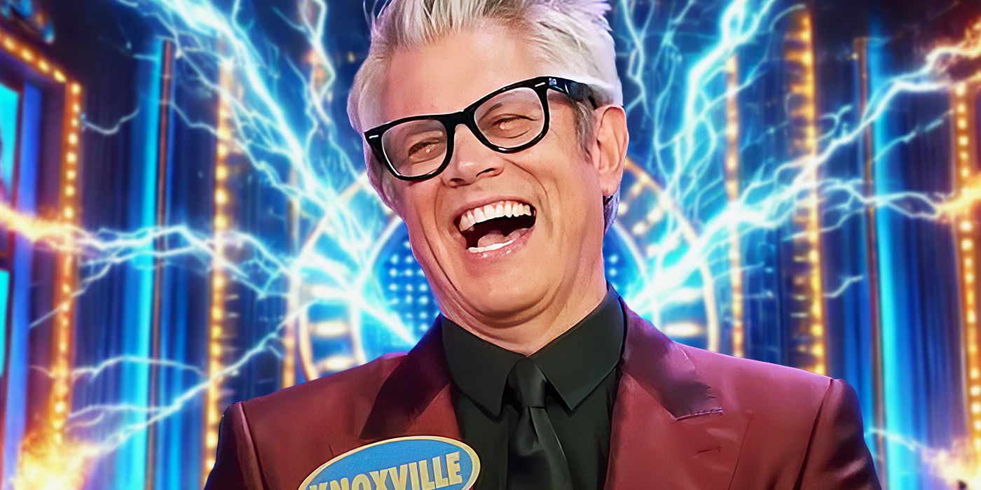 custom image of Johnny Knoxville laughing with Family Feud stage behind him