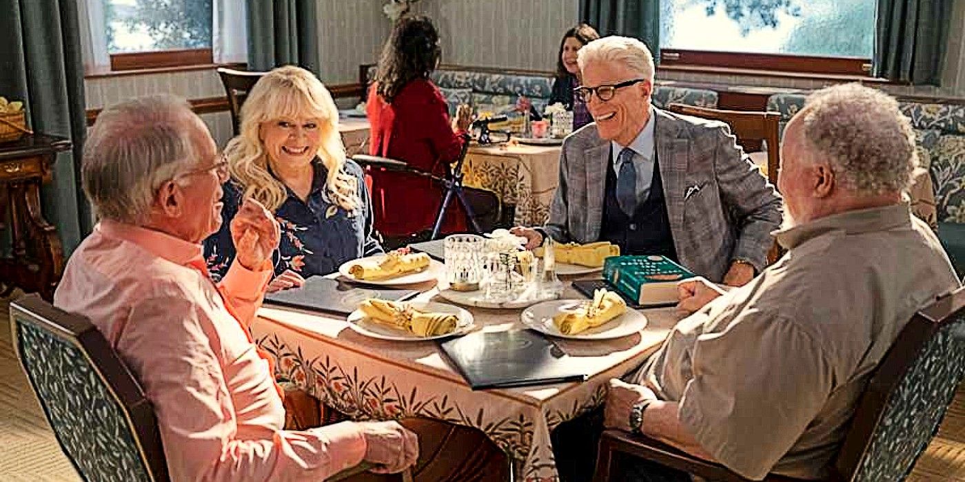 Elliott, Ginny, Charles, and Calbert sharing a meal in A Man on the Inside