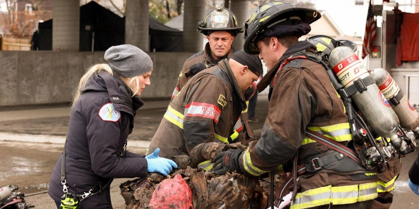 The Chicago Fire team around a burn victim on a stretcher